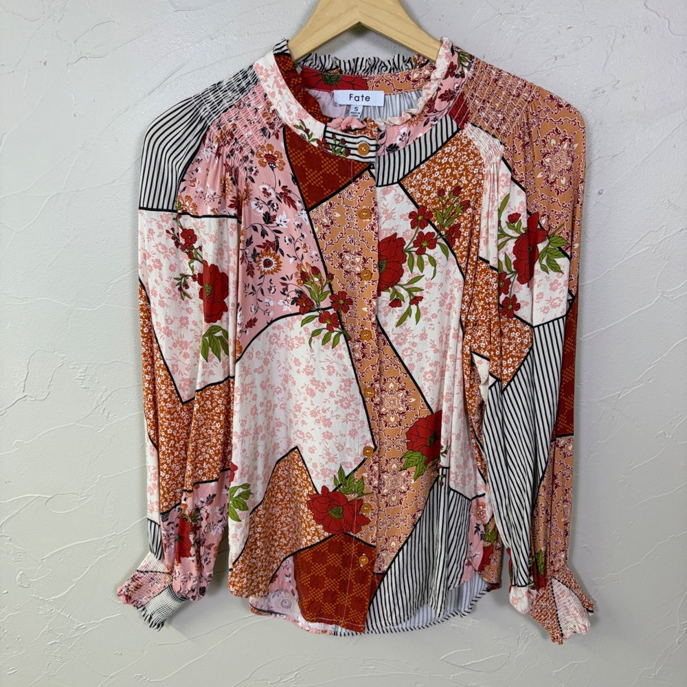 Fate Patchwork Floral Blouse Women S Long Sleeve Smocked Cuff Boho Cottagecore